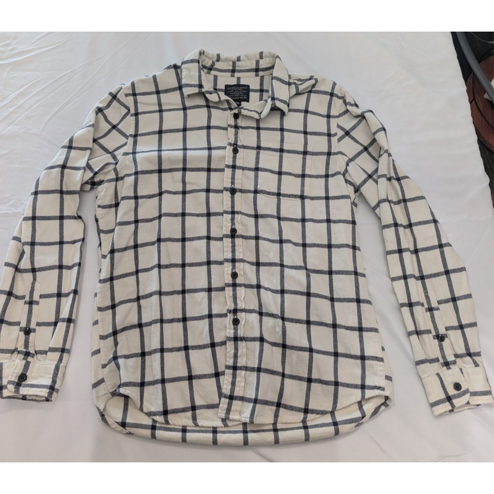 American Eagle Flannel Shirt Mens Medium Cream Navy Windowpane Plaid Cotton